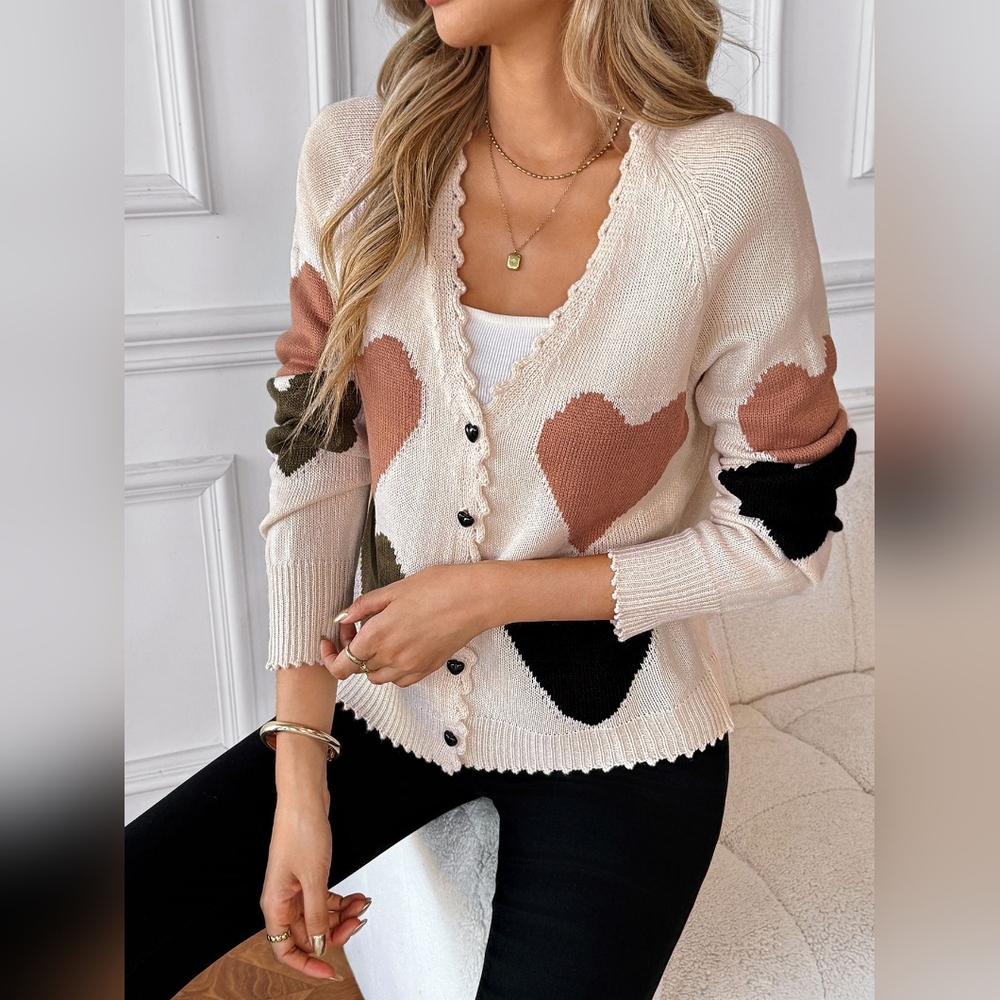 Heart Patterned Button-Up Cardigan Sweater - Picture 2 of 10